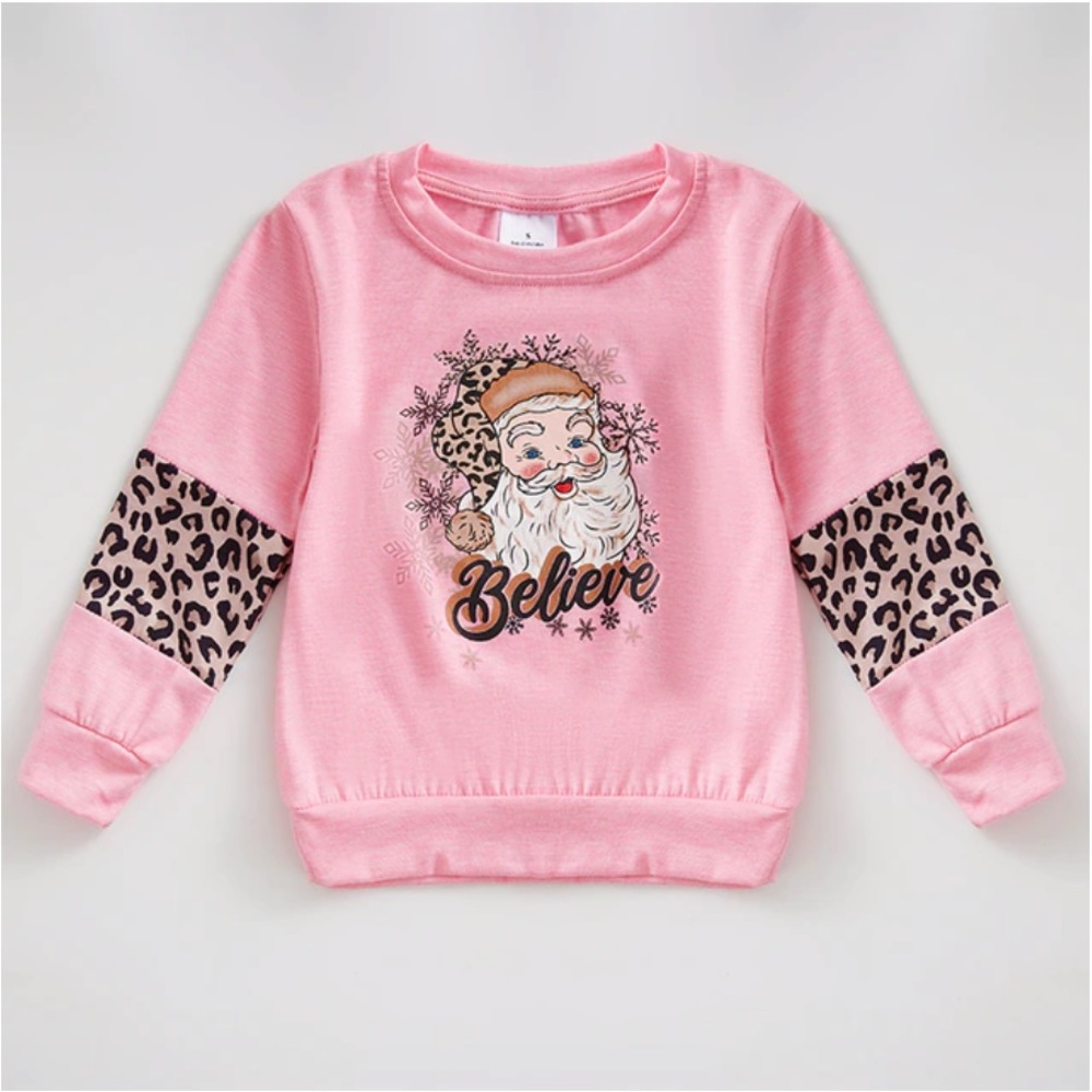 Leopard Pink Santa Christmas Long Sleeve Sweatshirt, Toddler Girl, 2T, 6T NWT